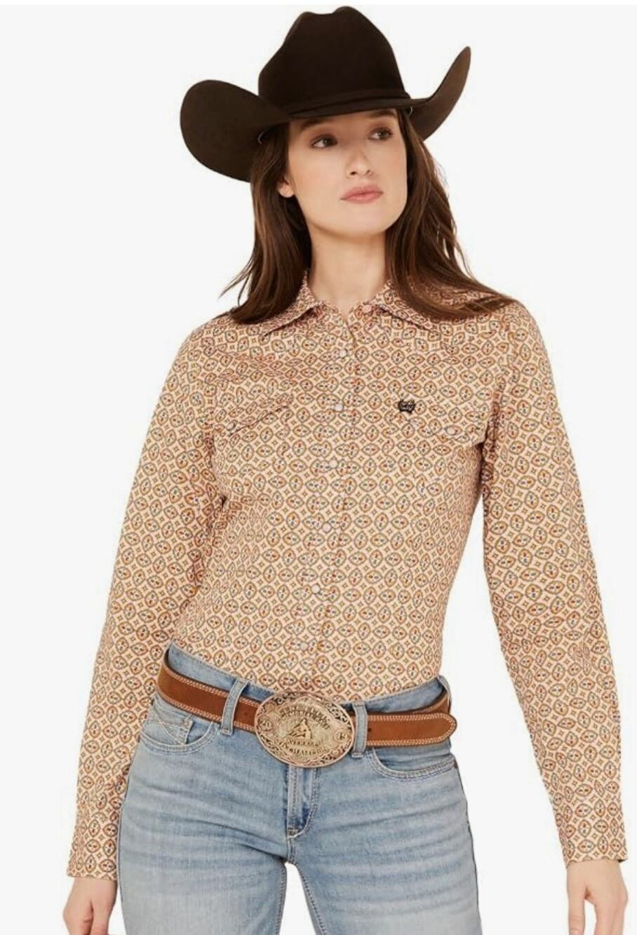 5782) Cinch Ladies S Pink Geo Print Western Snap Button Up Long Sleeve Shirt